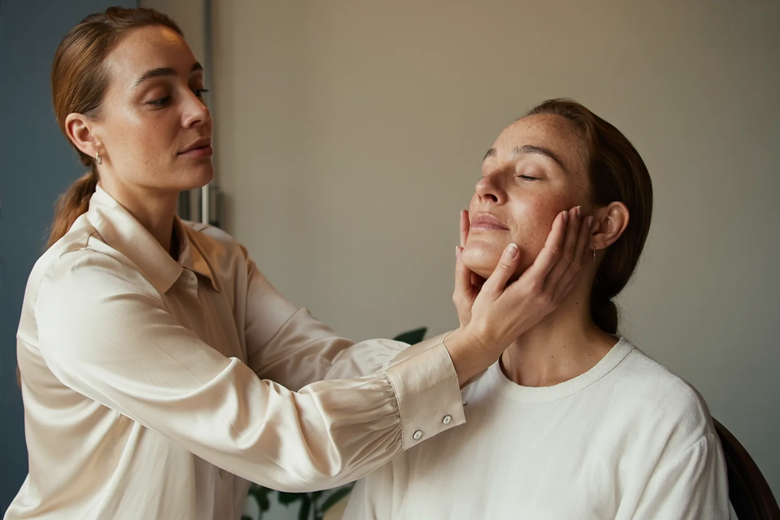 A dermatologista, de blusa creme, apoia com as mãos o rosto de uma paciente de olhos fechados, em consultório claro