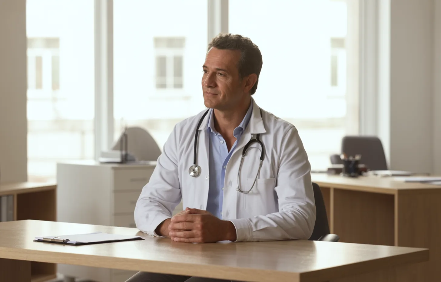 Cardiologista sentado à mesa do consultório, mãos cruzadas, ouvindo com atenção, janela ampla ao fundo