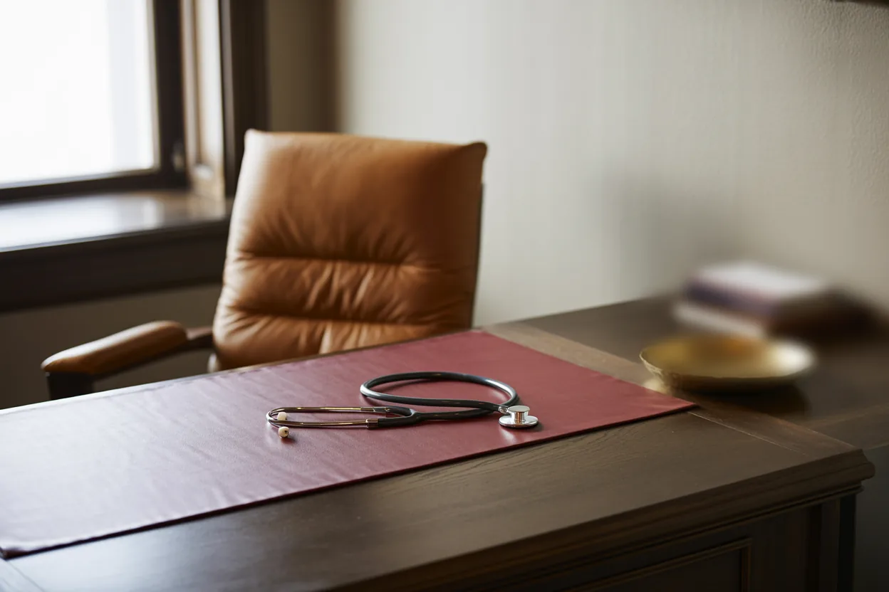 Consultório em preto e branco: mesa de madeira com caminho de mesa, estetoscópio, poltrona de couro e luz de janela pela esquerda