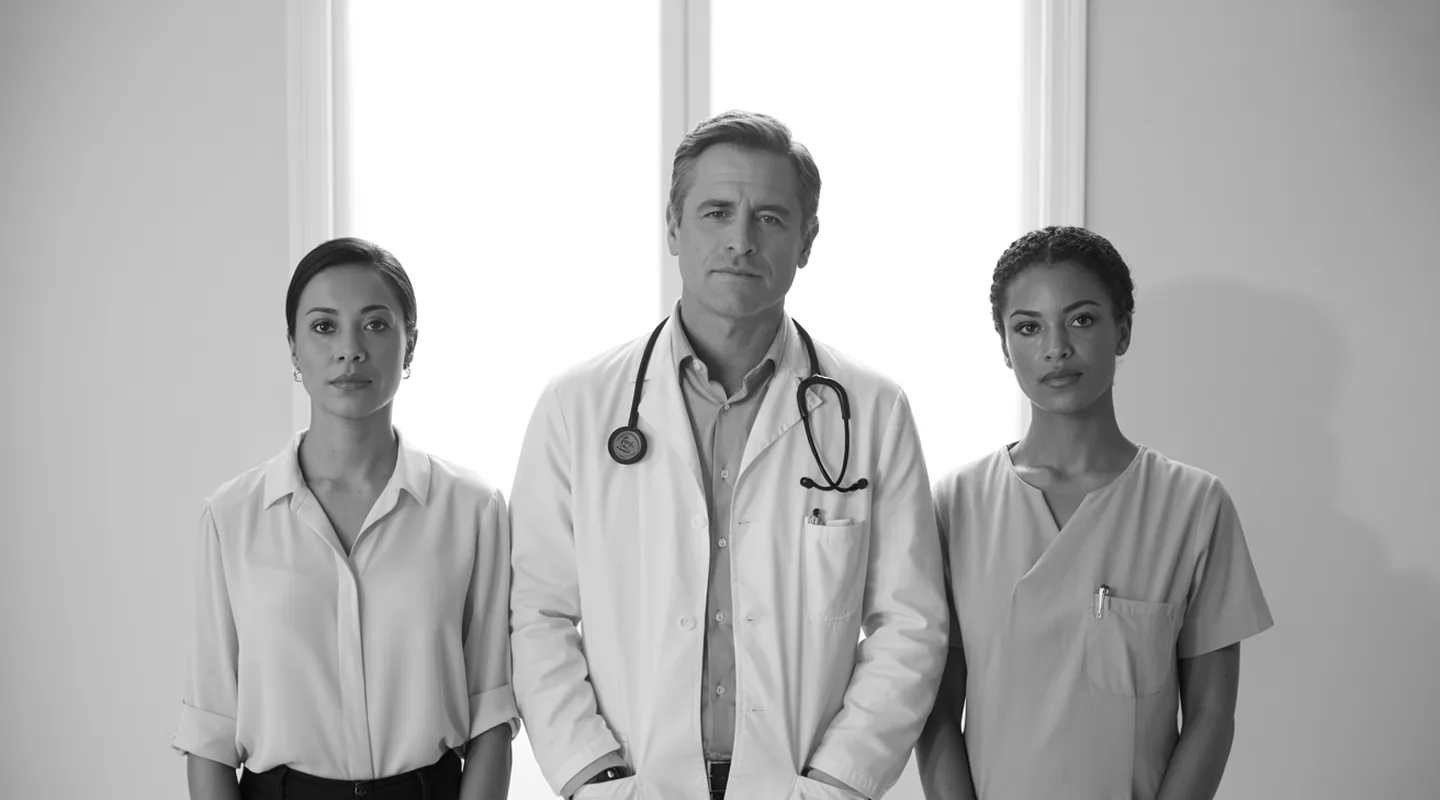 Retrato em preto e branco do cardiologista de jaleco entre a recepcionista e a enfermeira, os três de pé diante da janela da sala de ergometria