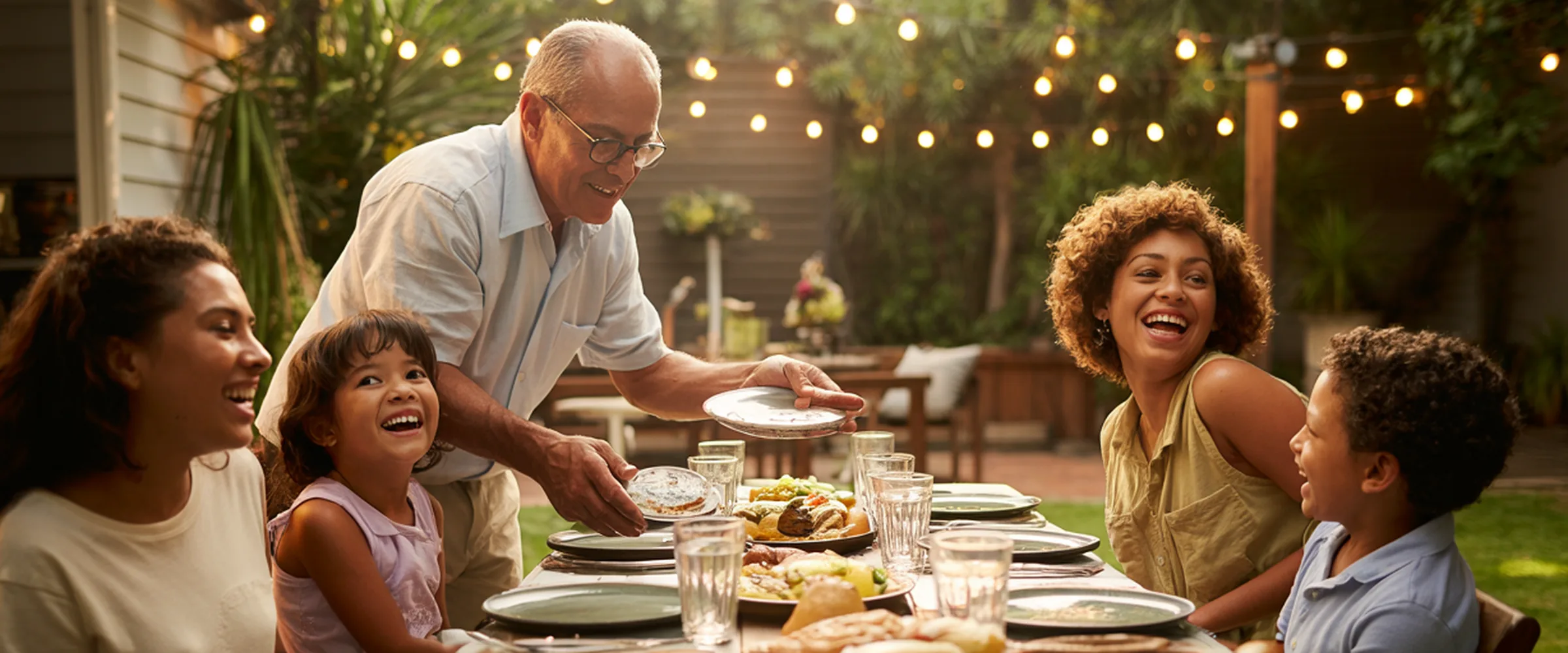 Família de três gerações em um jantar ao ar livre no fim da tarde: o avô de pé servindo, filhas e netos rindo à mesa sob lanternas acesas