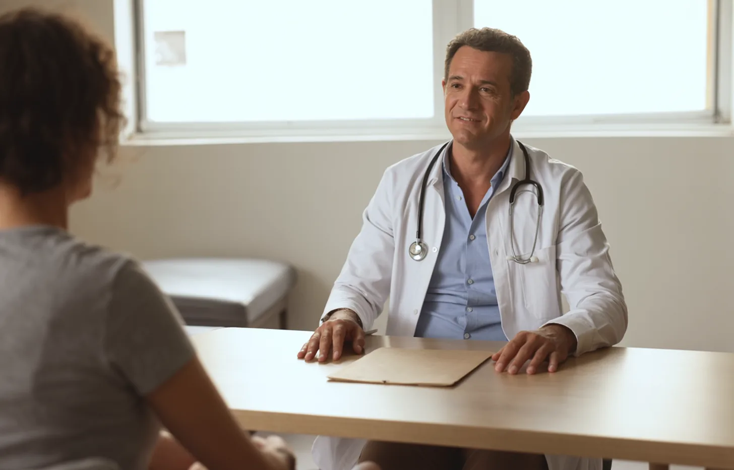 Cardiologista à mesa do consultório com uma pasta fechada à frente, paciente de costas e fora de foco em primeiro plano, sala clara