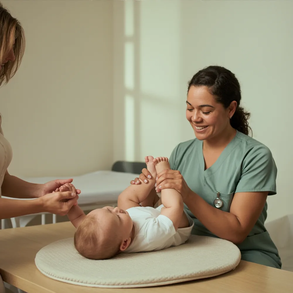 Mãe segurando a mão do bebê deitado na mesa de exame, com a pediatra ao lado