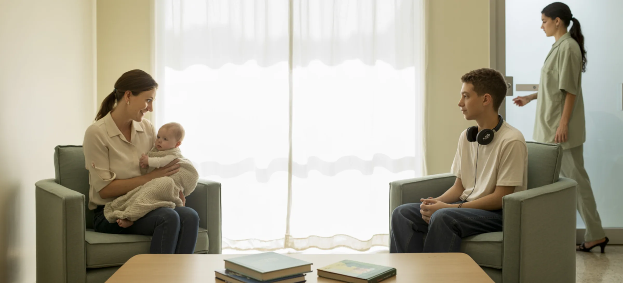 Sala de espera clara com poltronas verde-sálvia e livros infantis: à esquerda uma mãe com o bebê no colo, à direita um adolescente com fone no pescoço, e a pediatra ao fundo, fora de foco
