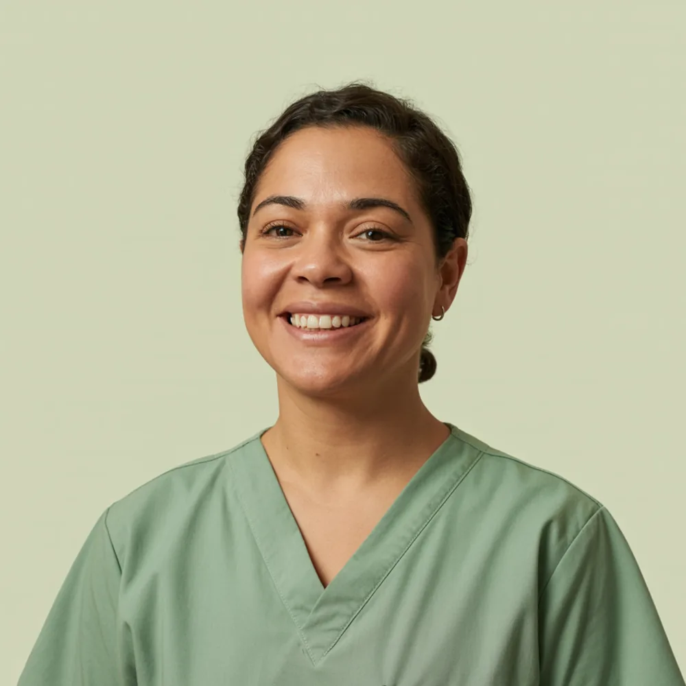 Dra. Helena Duarte, pediatra, sorrindo, de scrubs verde-sálvia