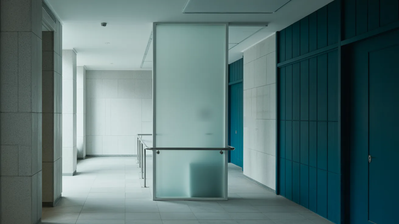 Corredor da clínica com divisória de vidro jateado, portas em teal e luz natural