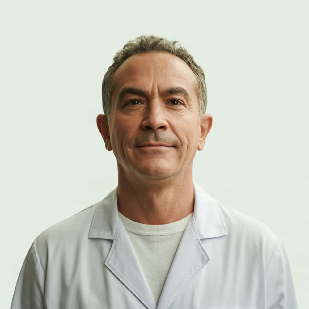Dr. Marcos Alves, dentista de jaleco branco, retrato sobre fundo mint