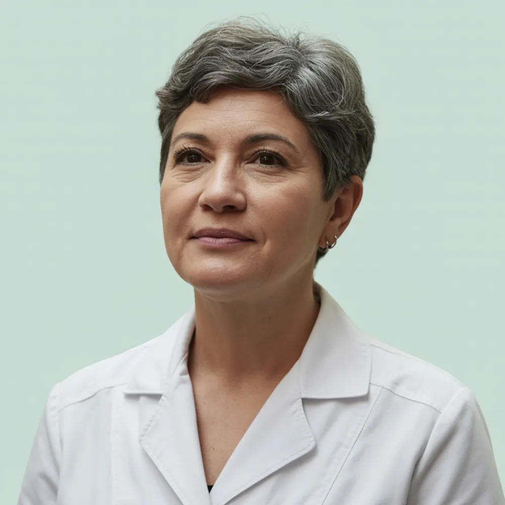 Dra. Camila Nunes, dentista de cabelo grisalho curto e jaleco branco, retrato sobre fundo mint