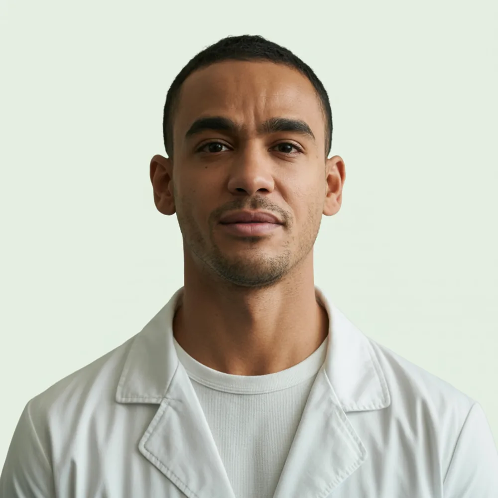 Dr. Rafael Teixeira, dentista jovem de jaleco branco, retrato sobre fundo mint