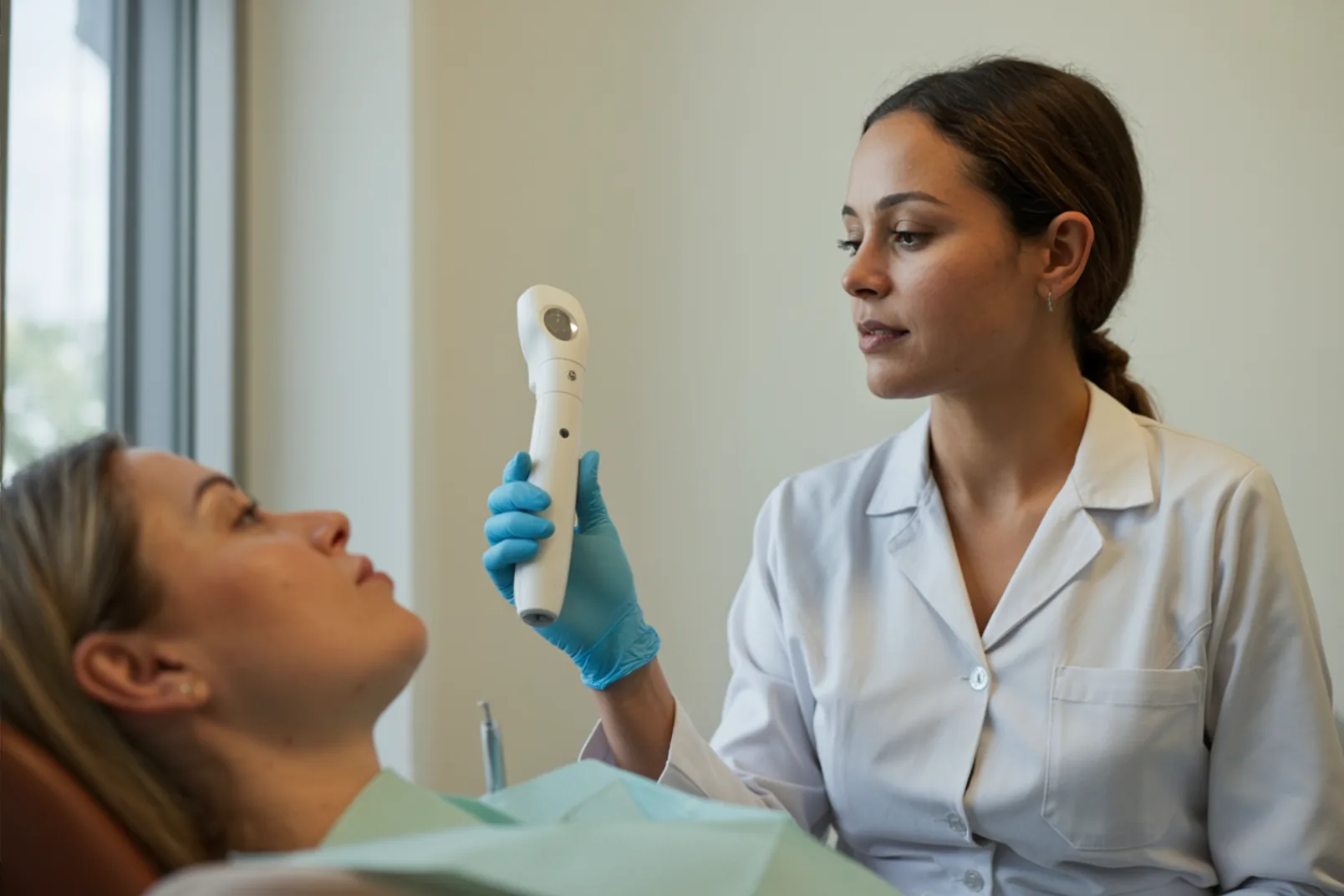 Dentista de perfil segurando o escâner intraoral ao lado de uma paciente reclinada, em sala clara com luz de janela