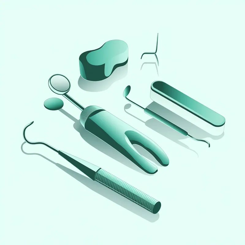 Render 3D de espelho, sonda e cureta odontológicos