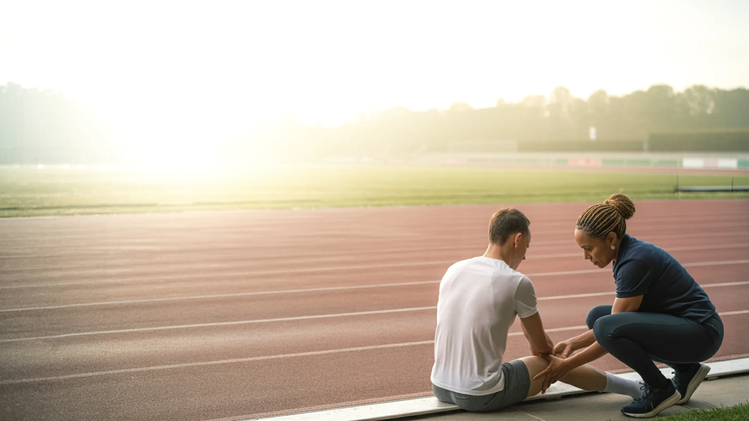 Ortopedista de polo navy agachada avaliando o joelho de um corredor sentado na borda de uma pista de atletismo ao amanhecer