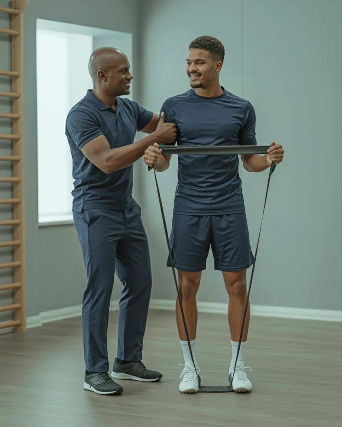 Fisioterapeuta guia um jogador de futebol em exercício com elástico numa sala de reabilitação com piso de madeira e luz de janela