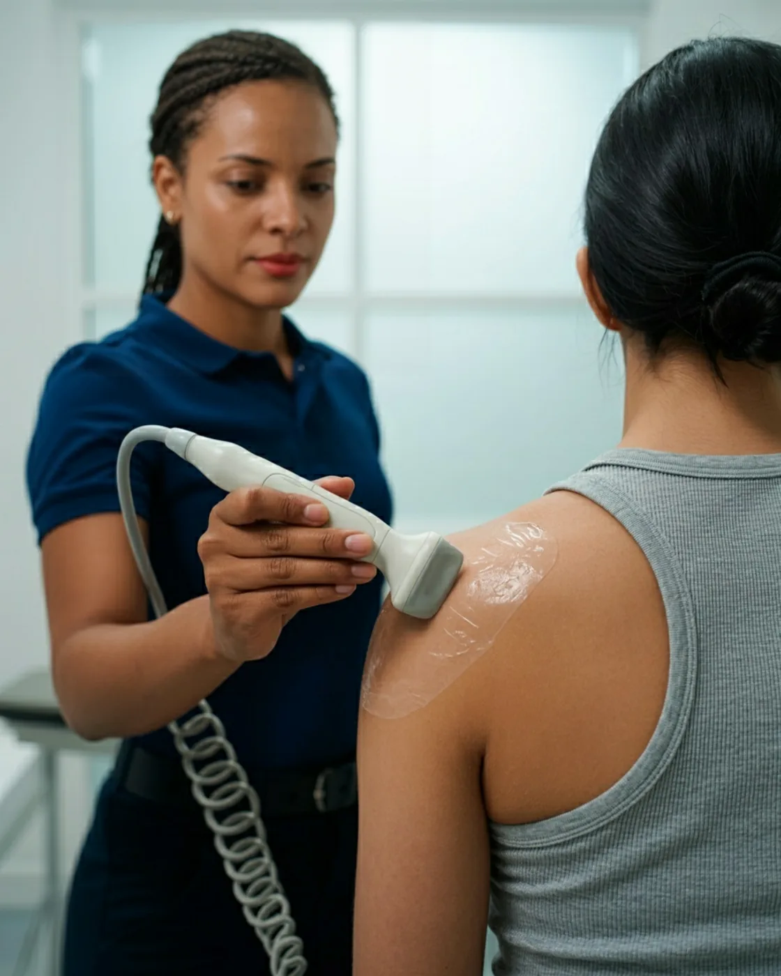 Ortopedista passa o transdutor de ultrassom no ombro de uma ciclista sentada, em sala clara