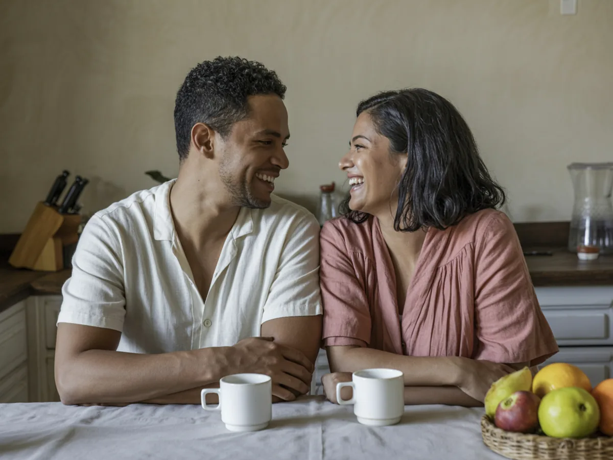 Casal rindo à mesa da cozinha com café e frutas, luz de manhã