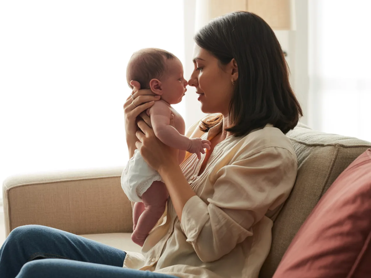 Mãe segurando o recém-nascido junto ao rosto, sentada no sofá de linho de casa em luz de manhã
