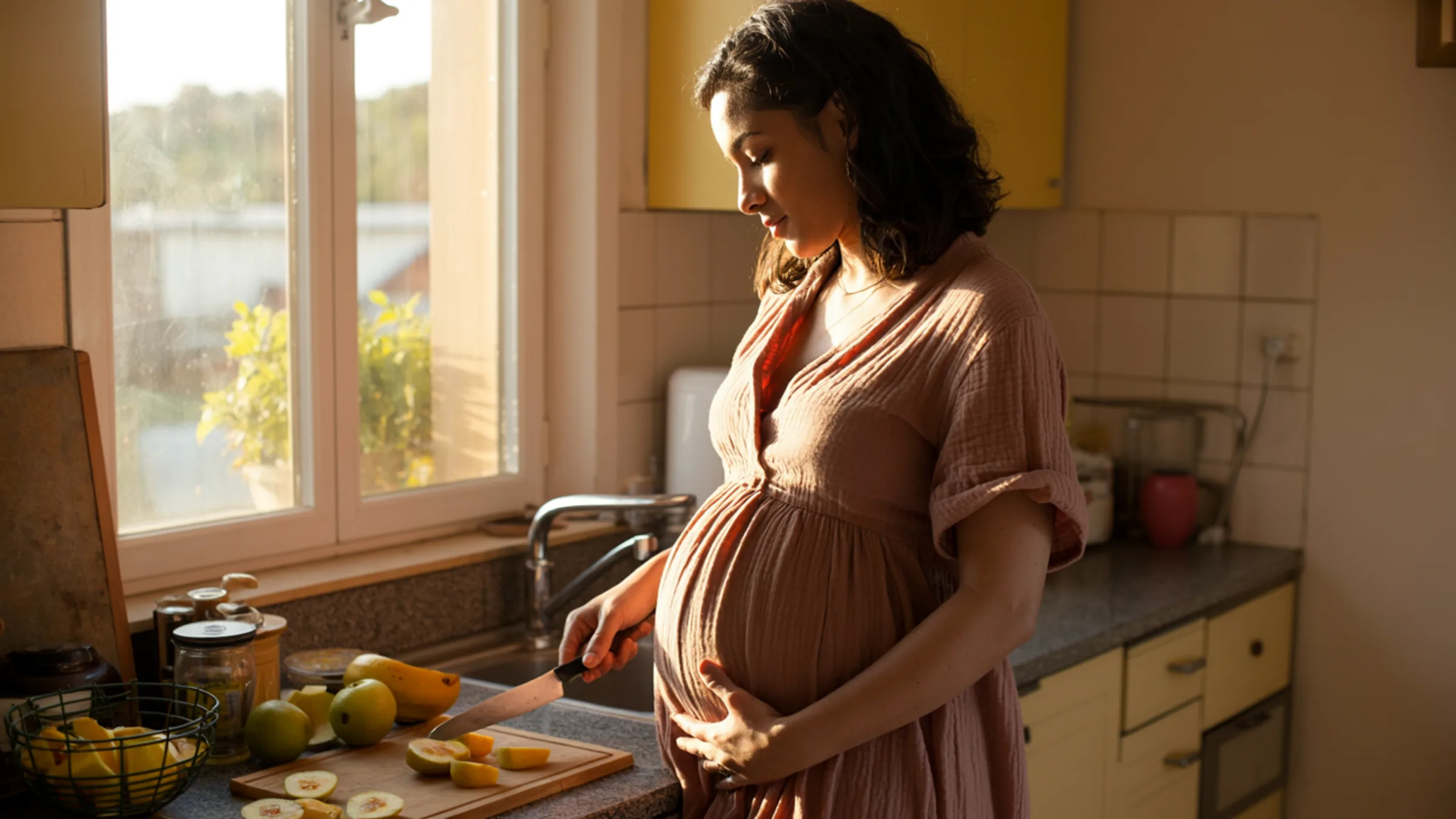 Gestante na cozinha de casa cortando frutas, com uma mão apoiada na barriga, em luz dourada de fim de tarde