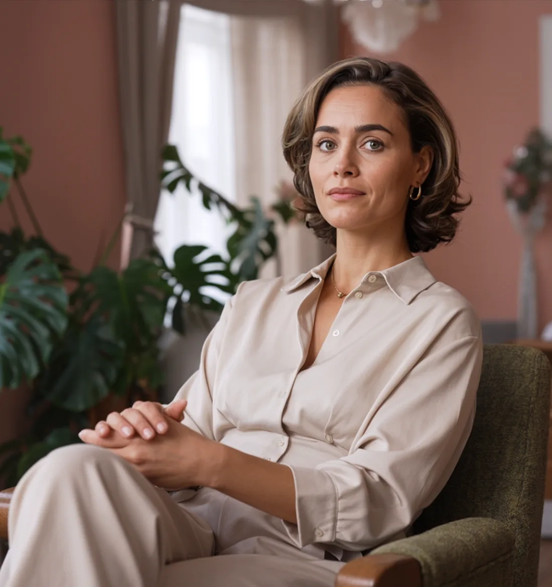 Dra. Beatriz Nunes sentada na cadeira do consultório, blusa marfim, olhando para a câmera com sorriso calmo, planta e cortina de voal atrás