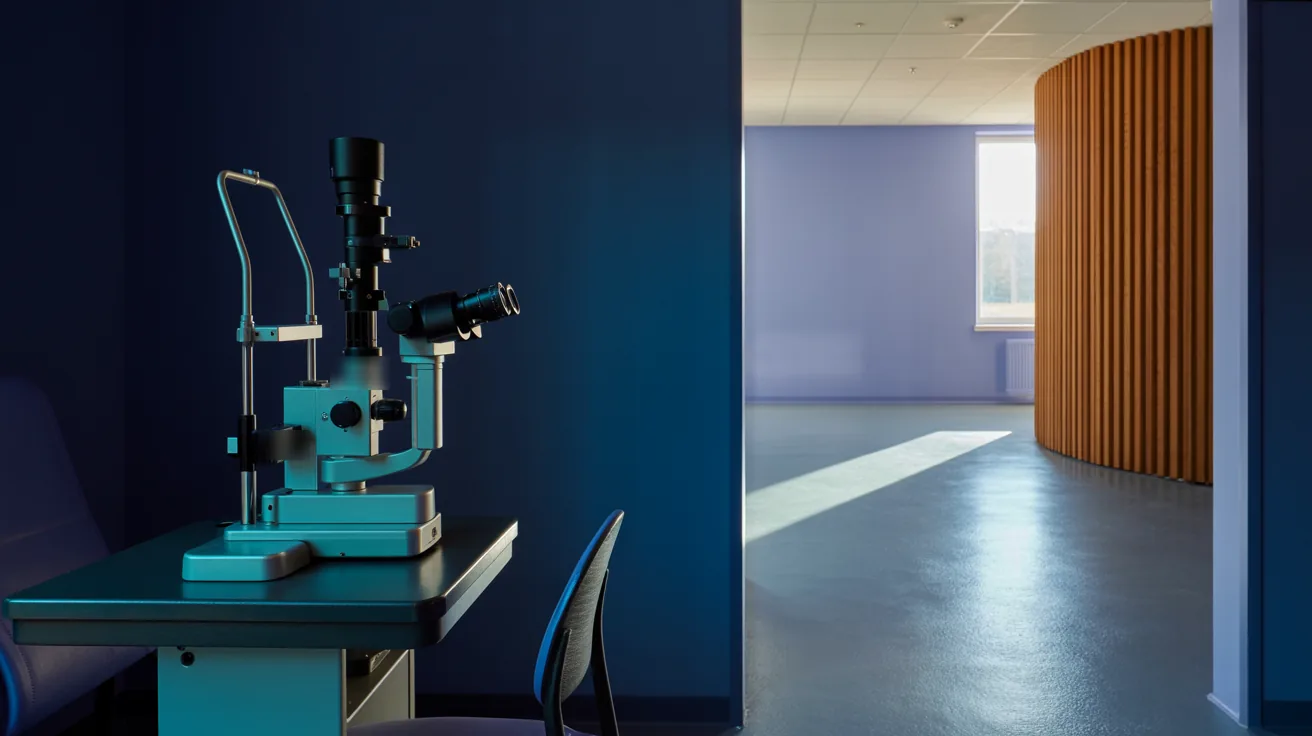 Sala de exame da clínica com lâmpada de fenda em primeiro plano, cadeira de exame e divisória ripada de carvalho com luz de dia ao fundo