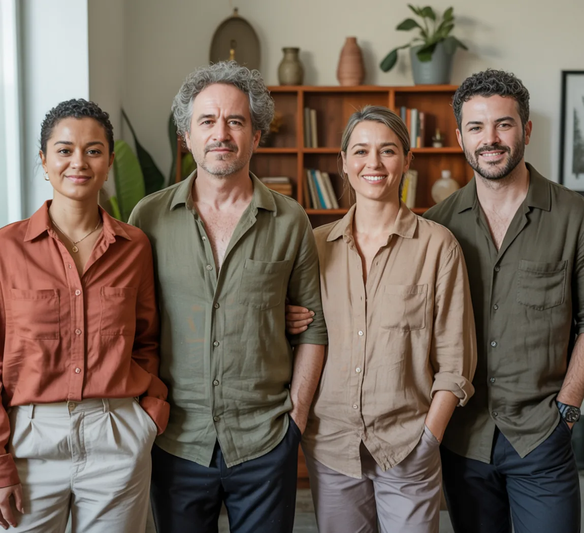 Quatro profissionais da clínica, duas mulheres e dois homens em camisas de linho terracota, oliva e areia, em pé diante de uma estante com livros, plantas e cerâmicas