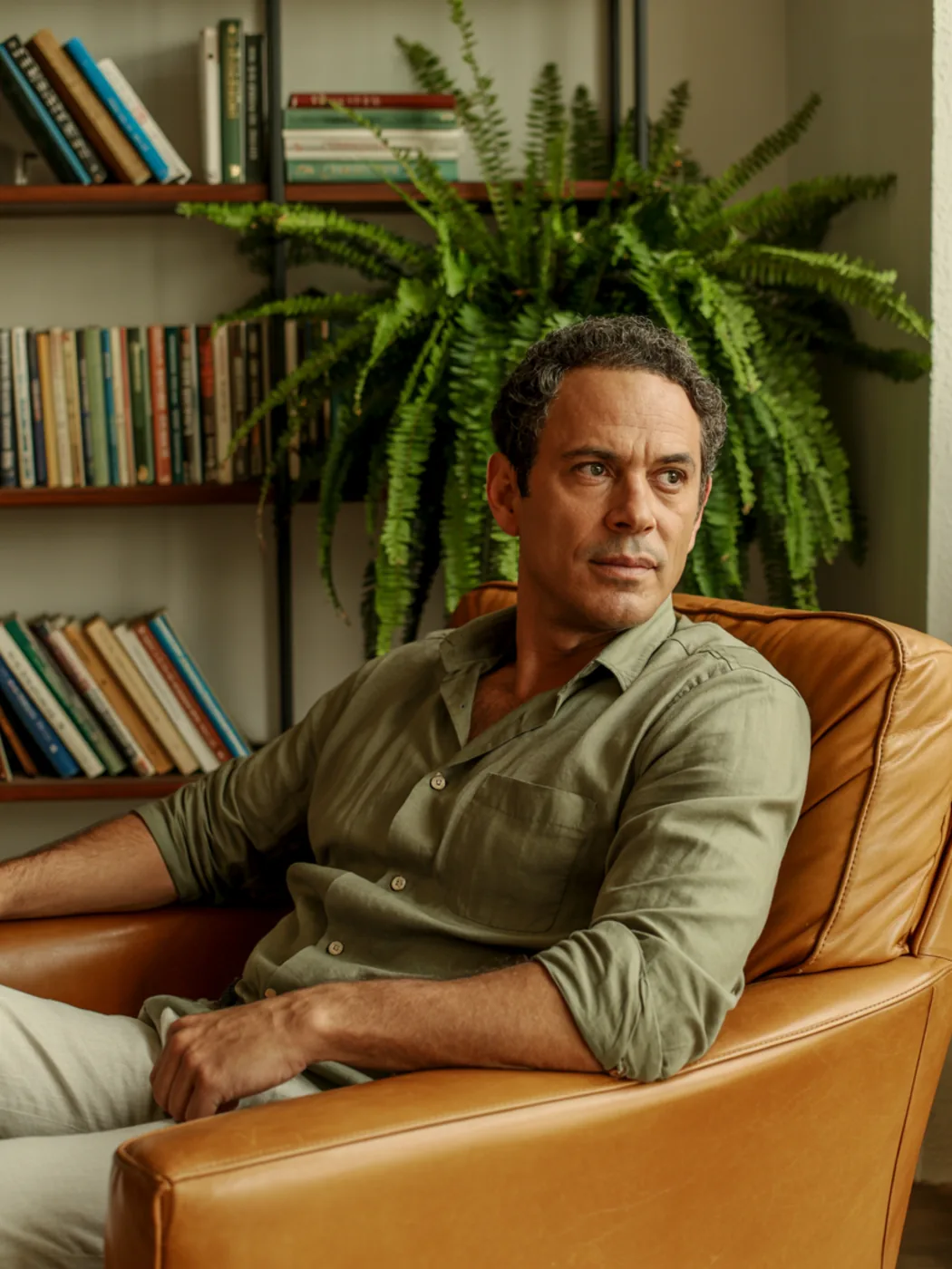 Dr. Caio Ferraz, de camisa de linho oliva, sentado em poltrona de couro caramelo diante de uma estante com livros e uma samambaia, olhando para fora da câmera sob luz de janela
