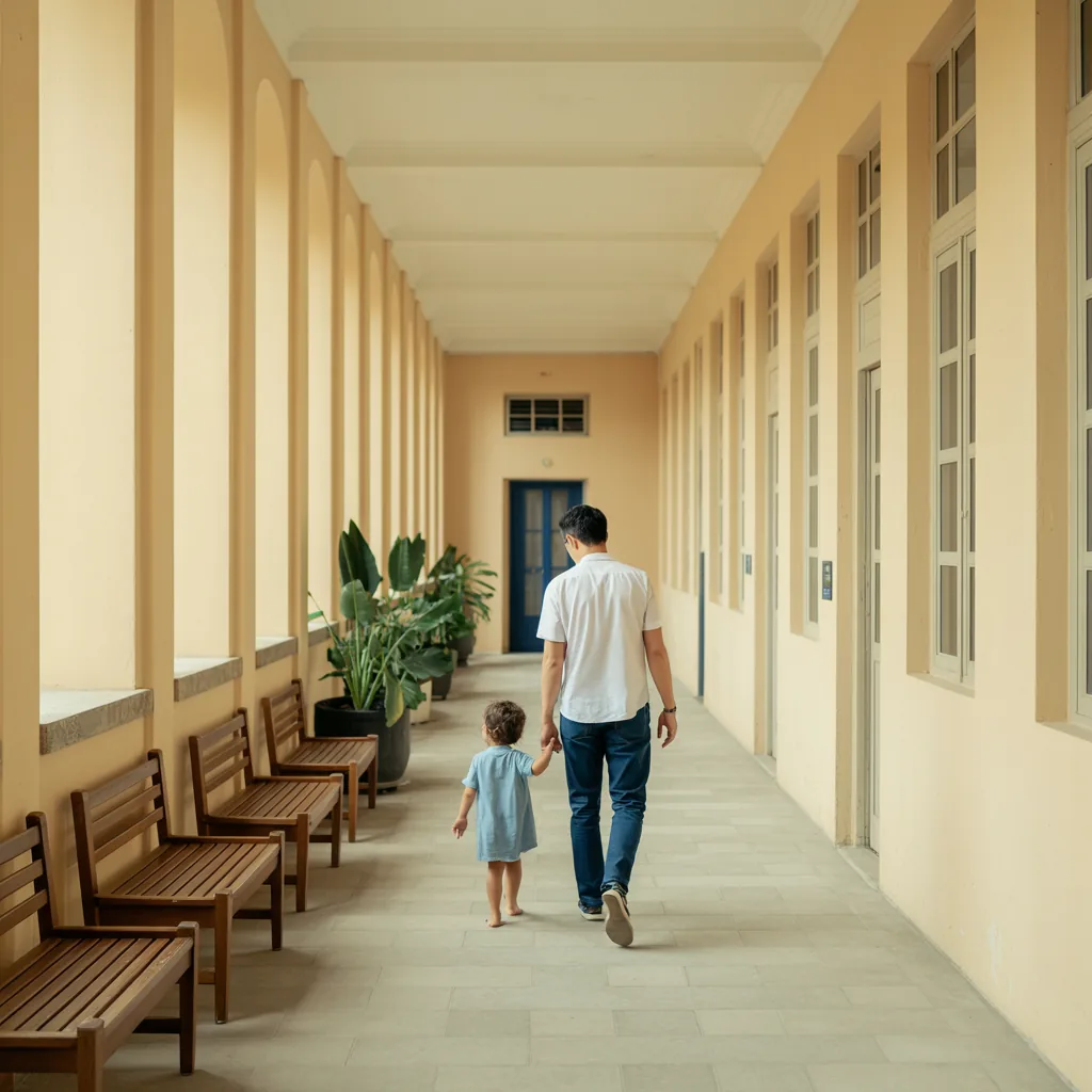 Corredor claro da clínica com bancos de madeira e plantas, um pai e uma criança caminhando de mãos dadas ao fundo