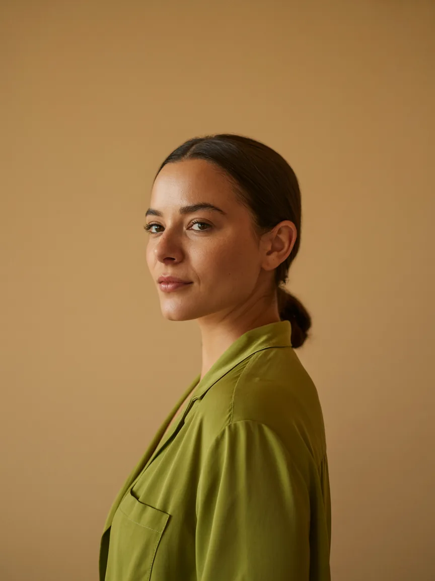 Dra. Beatriz Amaral, pediatra, retrato de perfil em blusa verde diante de parede areia