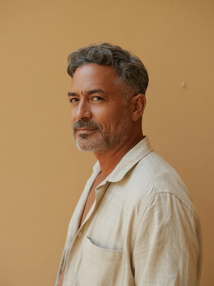 Dr. Otávio Lemos, geriatra, retrato em camisa de linho creme diante de parede areia