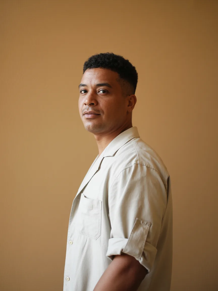Dr. Rafael Nunes, cardiologista, retrato em camisa branca diante de parede areia