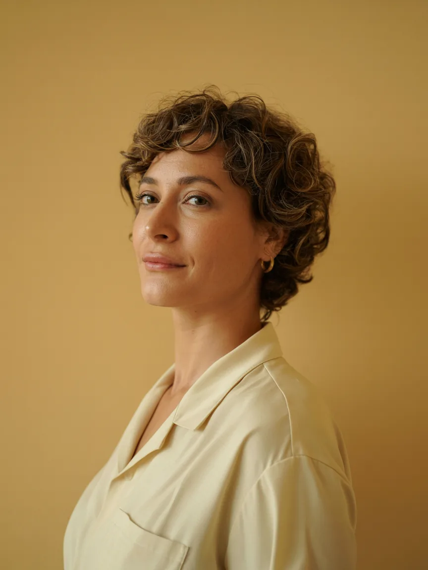 Dra. Carolina Prado, ginecologista, retrato em blusa creme diante de parede areia