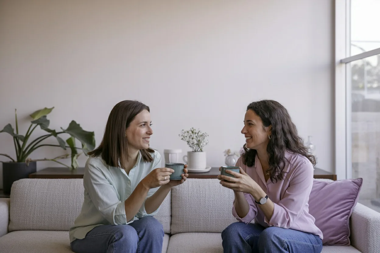 Duas psicólogas do coletivo conversando num sofá de linho, com xícaras nas mãos e luz de janela