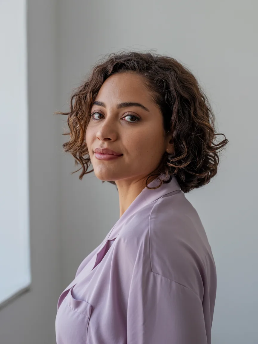 Marina Duarte, psicóloga, retrato em blusa lilás diante de parede branca