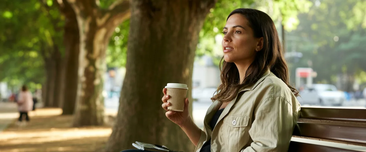 Mulher sentada num banco de praça sob as árvores, de manhã, com um copo de café na mão