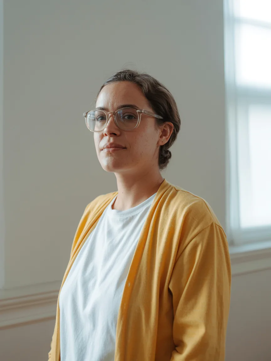 Renata Ferraz, psicóloga, retrato de óculos e cardigã amarelo diante de parede branca
